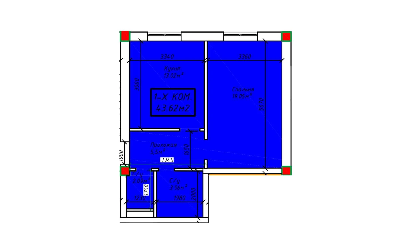 1-xonali xonadon 43.62 m²  2/2 qavat