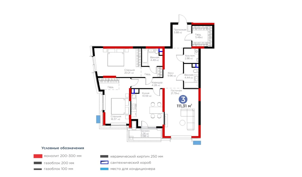 3-комнатная квартира 111.31 м²  5/5 этаж