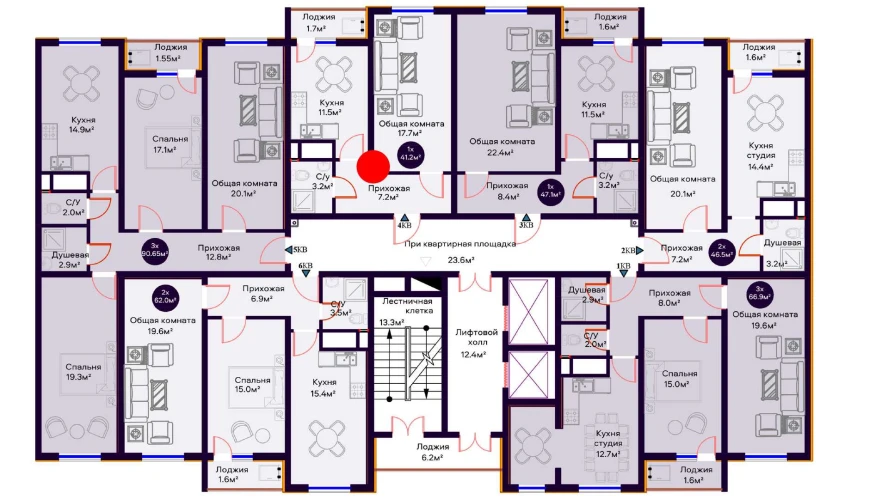 1-комнатная квартира 41.2 м²  6/6 этаж