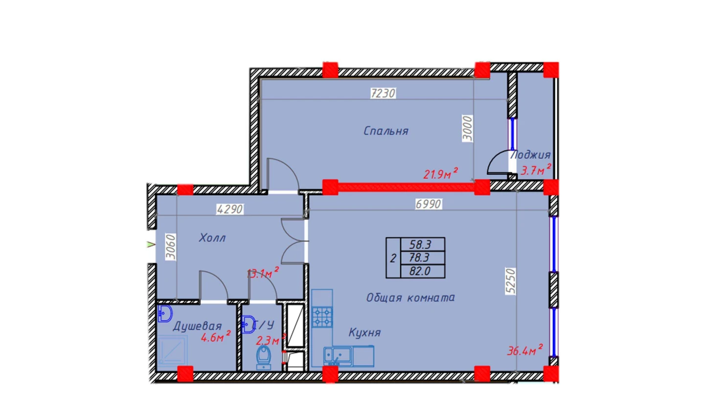 2-комнатная квартира 82 м²  5/5 этаж