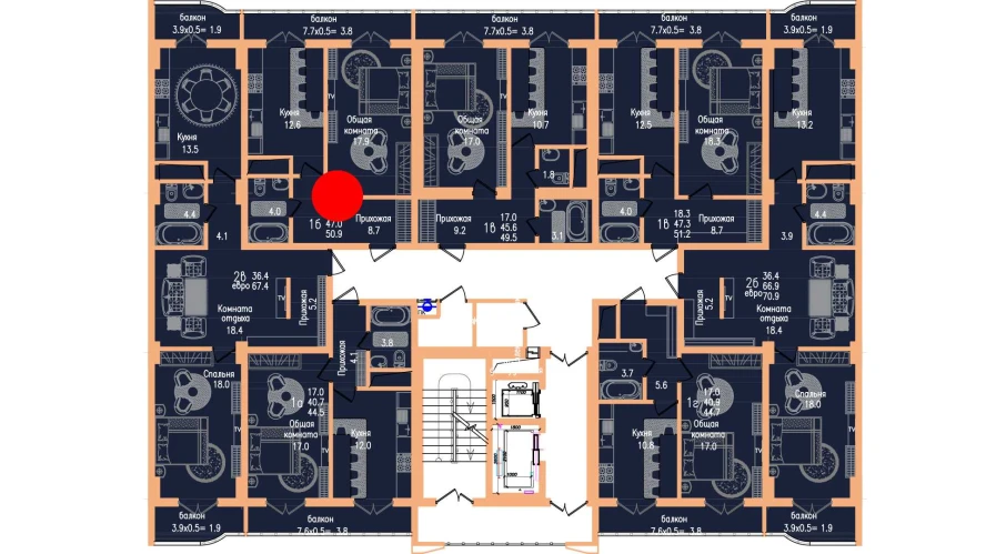 1-комнатная квартира 47 м²  4/4 этаж