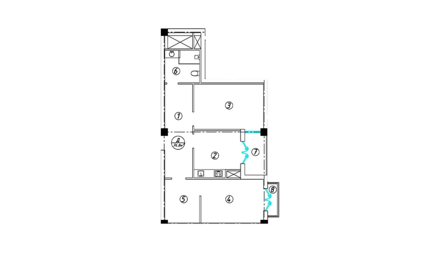 3-xonali xonadon 74.8 m²  7/7 qavat