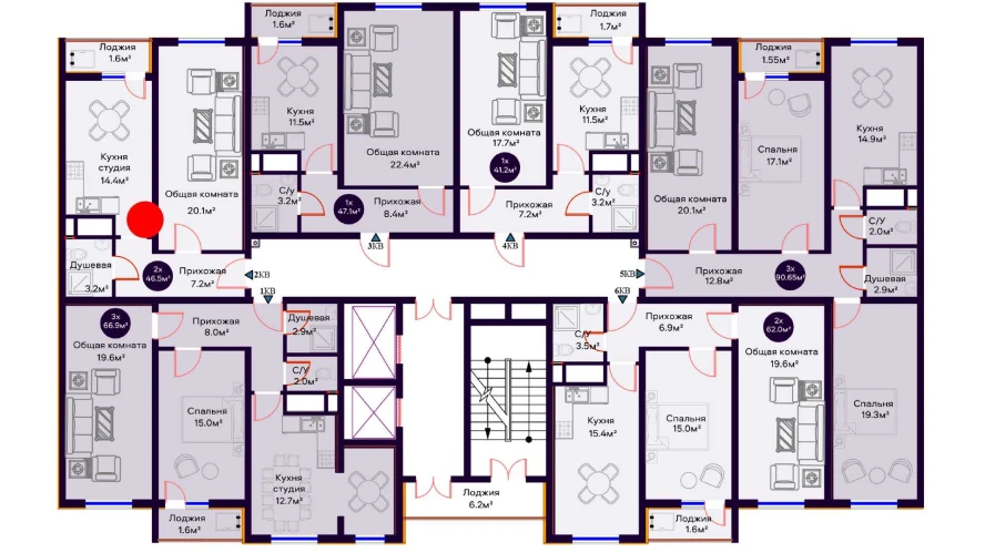 2-комнатная квартира 46.5 м²  8/8 этаж