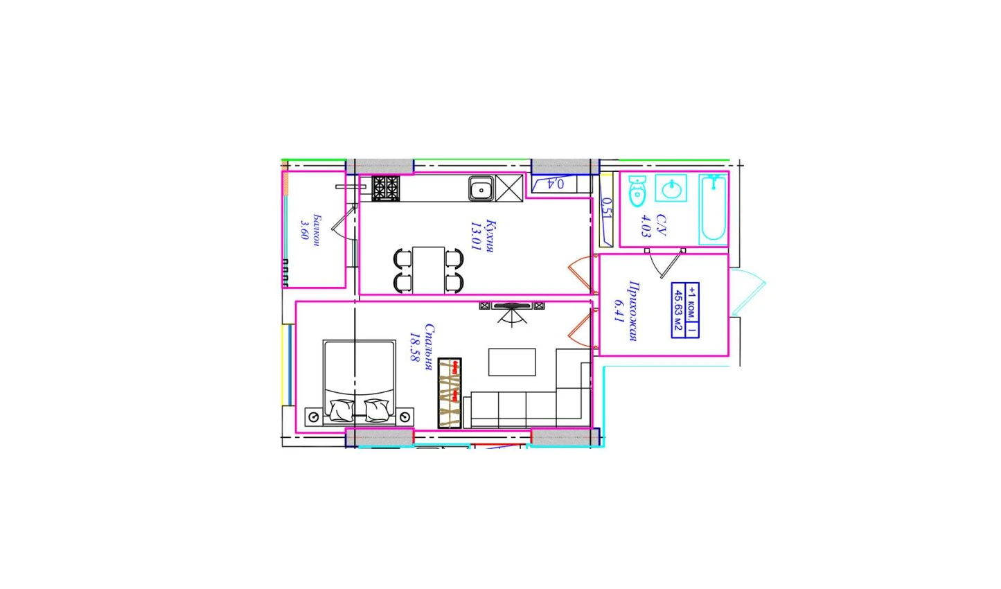 1-комнатная квартира 45.63 м²  11/11 этаж