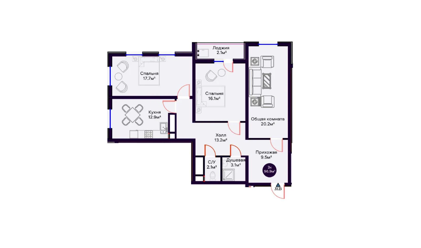 3-комнатная квартира 96.9 м²  13/13 этаж