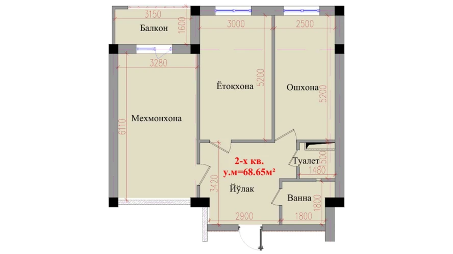 2-xonali xonadon 68.65 m²  3/3 qavat