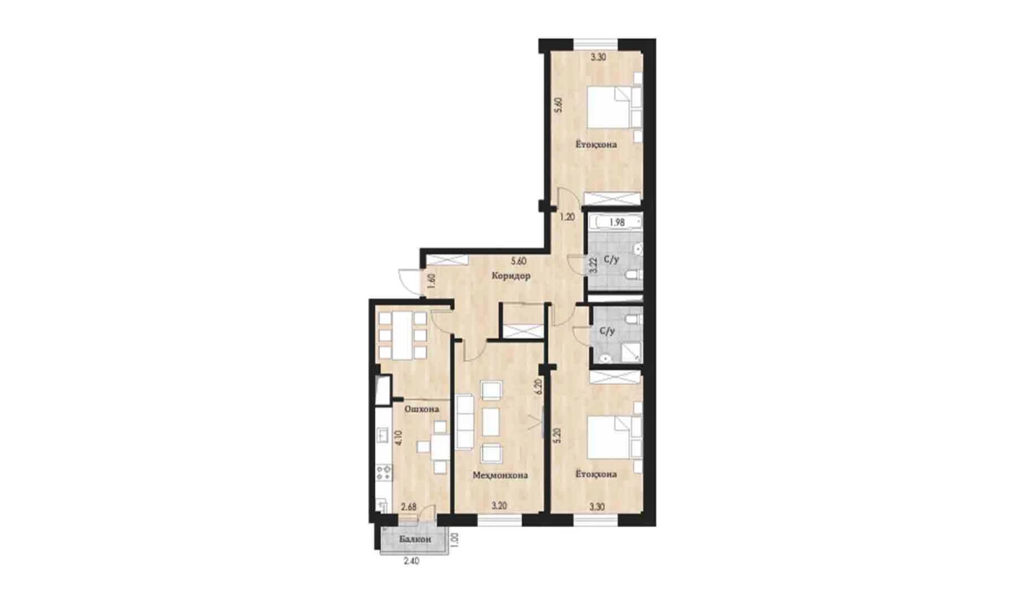 3-комнатная квартира 108.22 м²  2/2 этаж