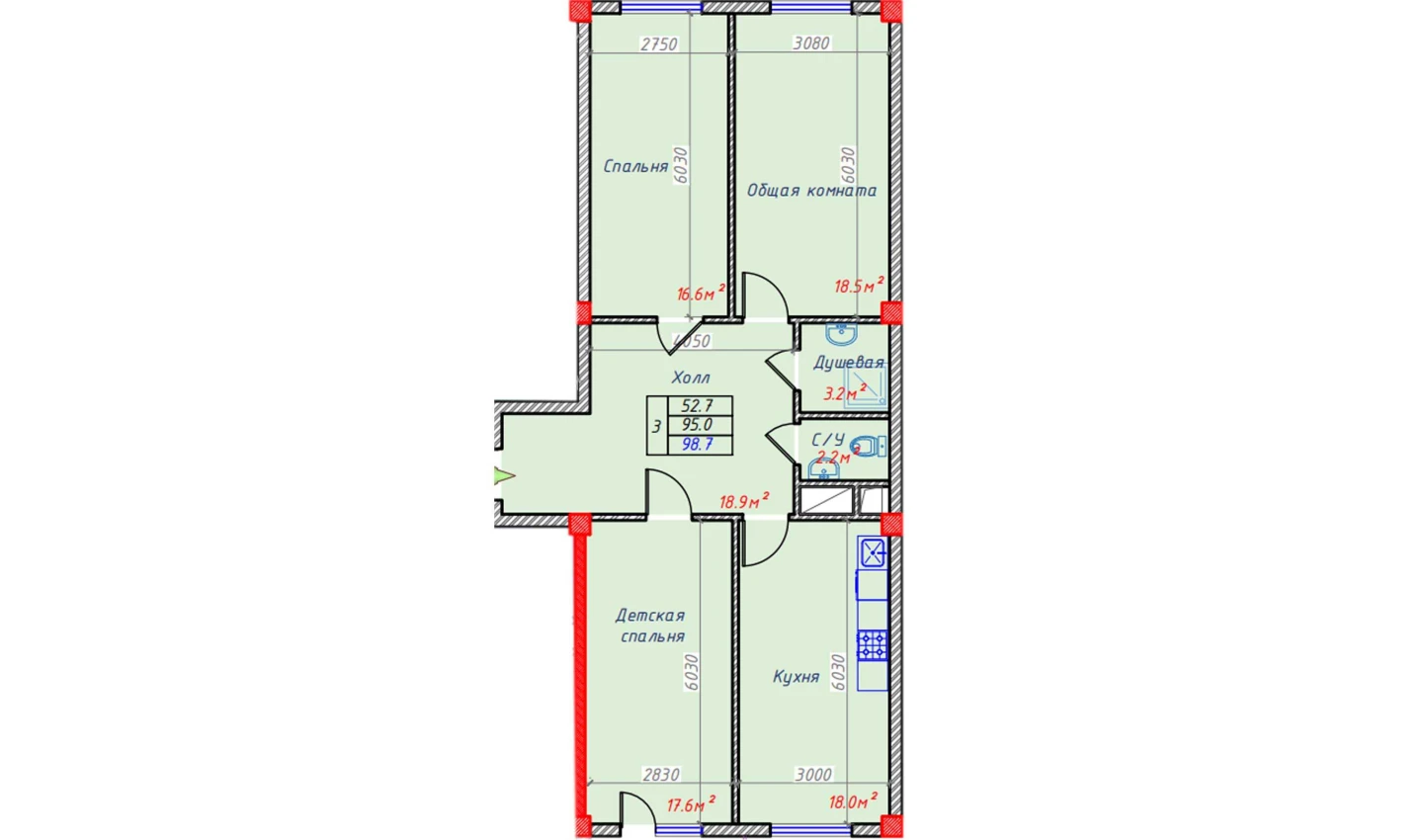 3-комнатная квартира 98.7 м²  8/8 этаж