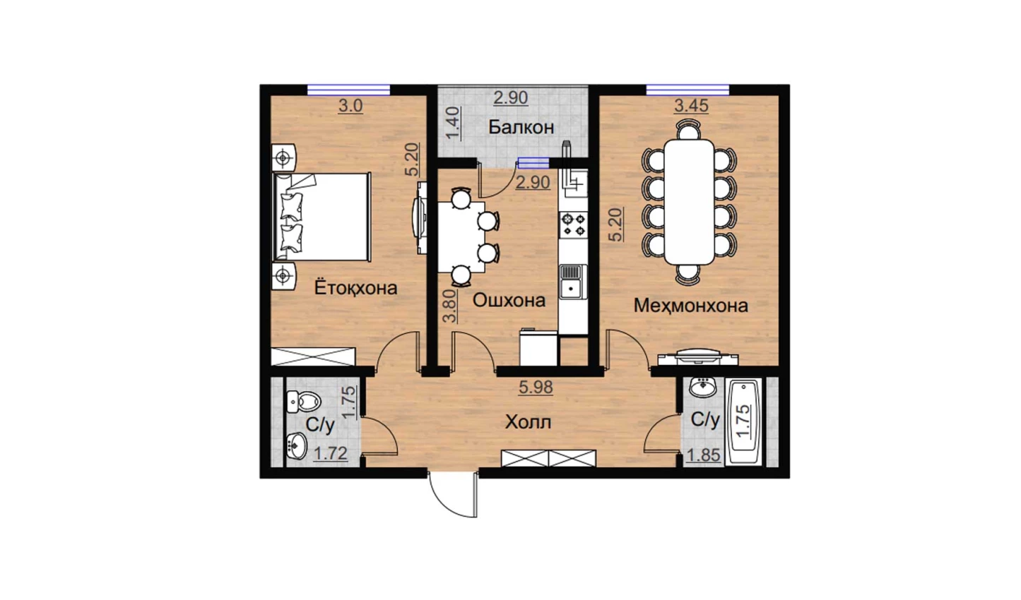 2-комнатная квартира 72.85 м²  2/2 этаж