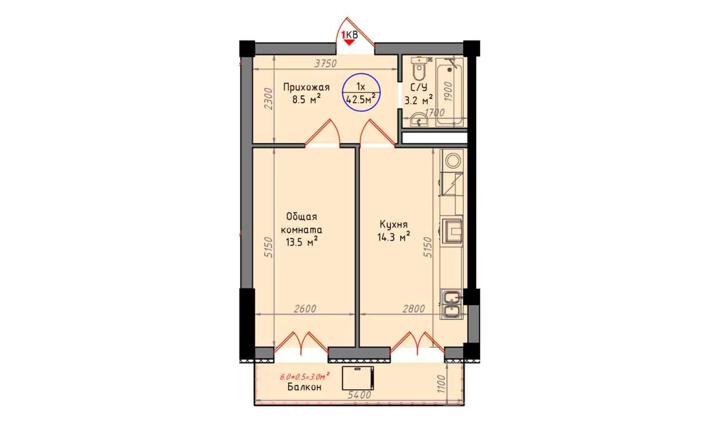 1-комнатная квартира 42.5 м²  4/4 этаж