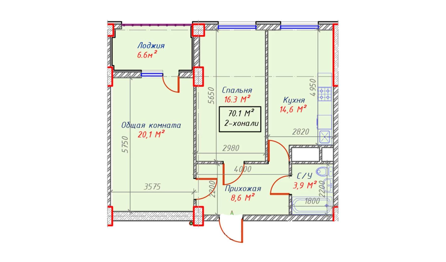 2-xonali xonadon 70.1 m²  15/15 qavat