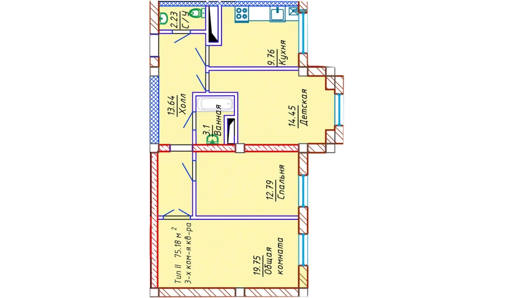 3-комнатная квартира 75.18 м²  9/9 этаж