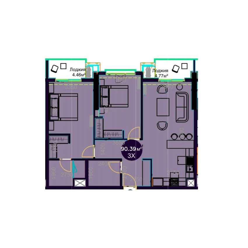 3-комнатная квартира 90.39 м²  6/6 этаж