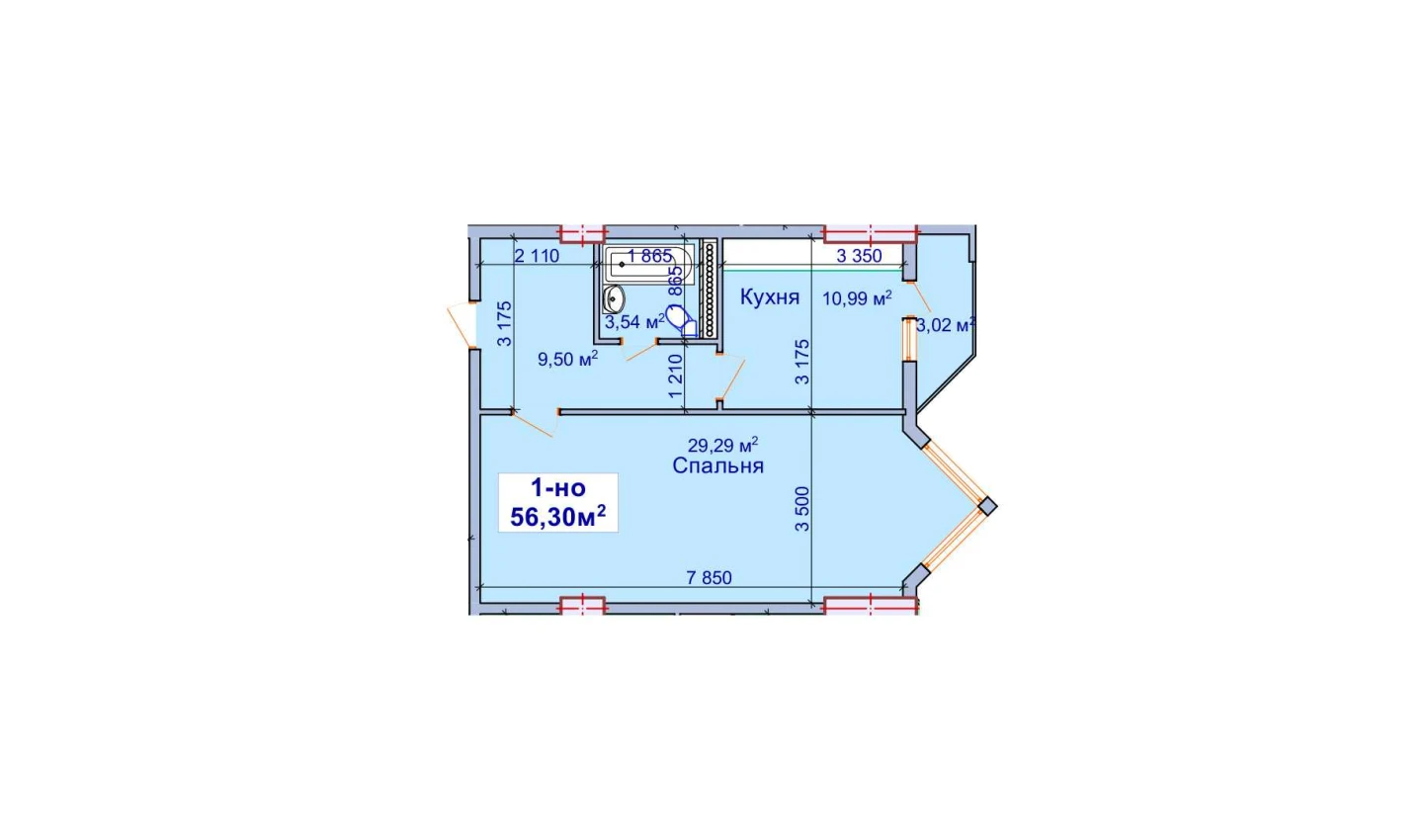 1-комнатная квартира 56.3 м²  2/2 этаж