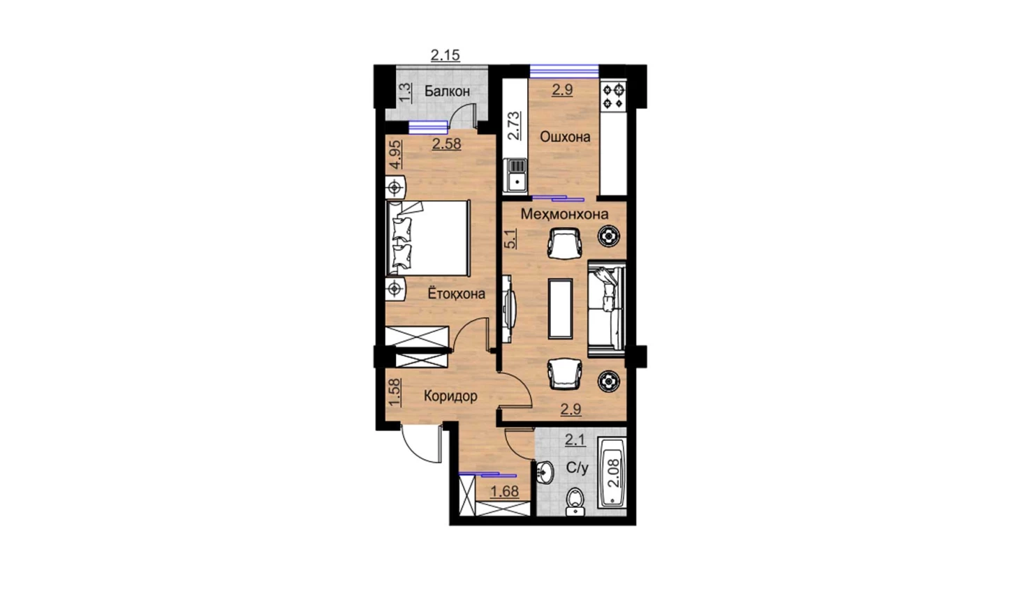 2-комнатная квартира 56.58 м²  12/12 этаж