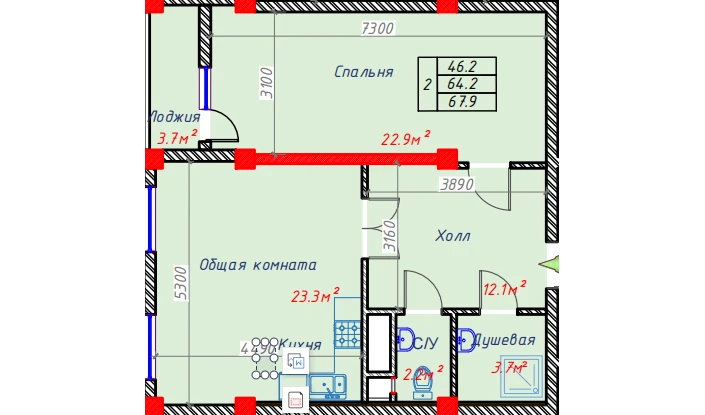 2-комнатная квартира 67.9 м²  9/9 этаж