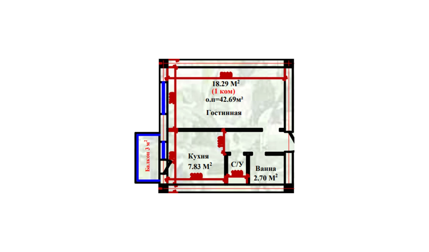 1-xonali xonadon 42.69 m²  1/1 qavat