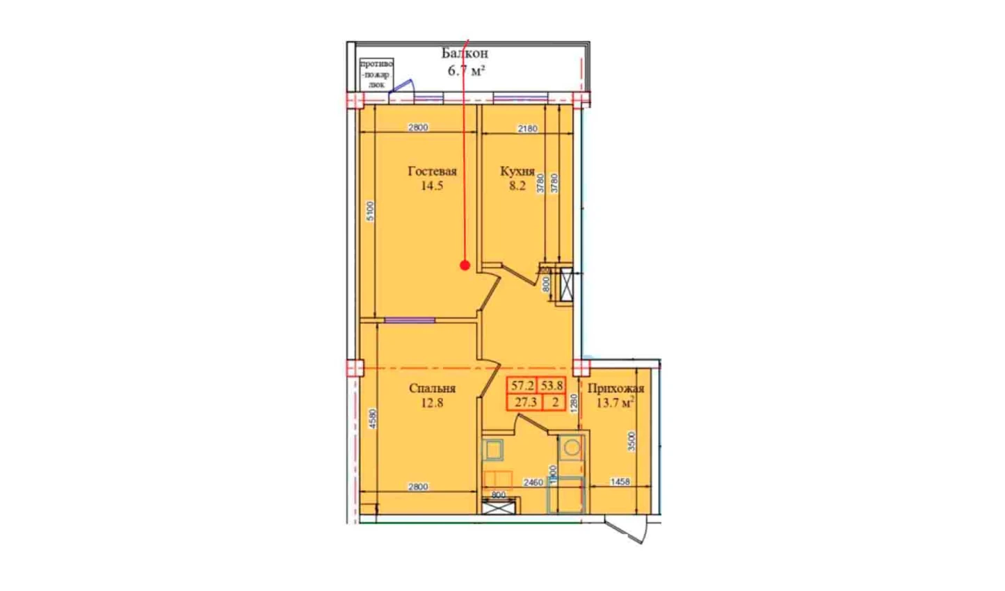 2-комнатная квартира 57.2 м²  5/5 этаж