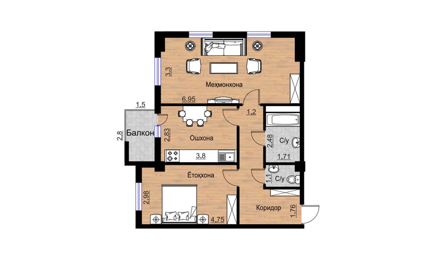 2-xonali xonadon 74.75 m²  4/4 qavat