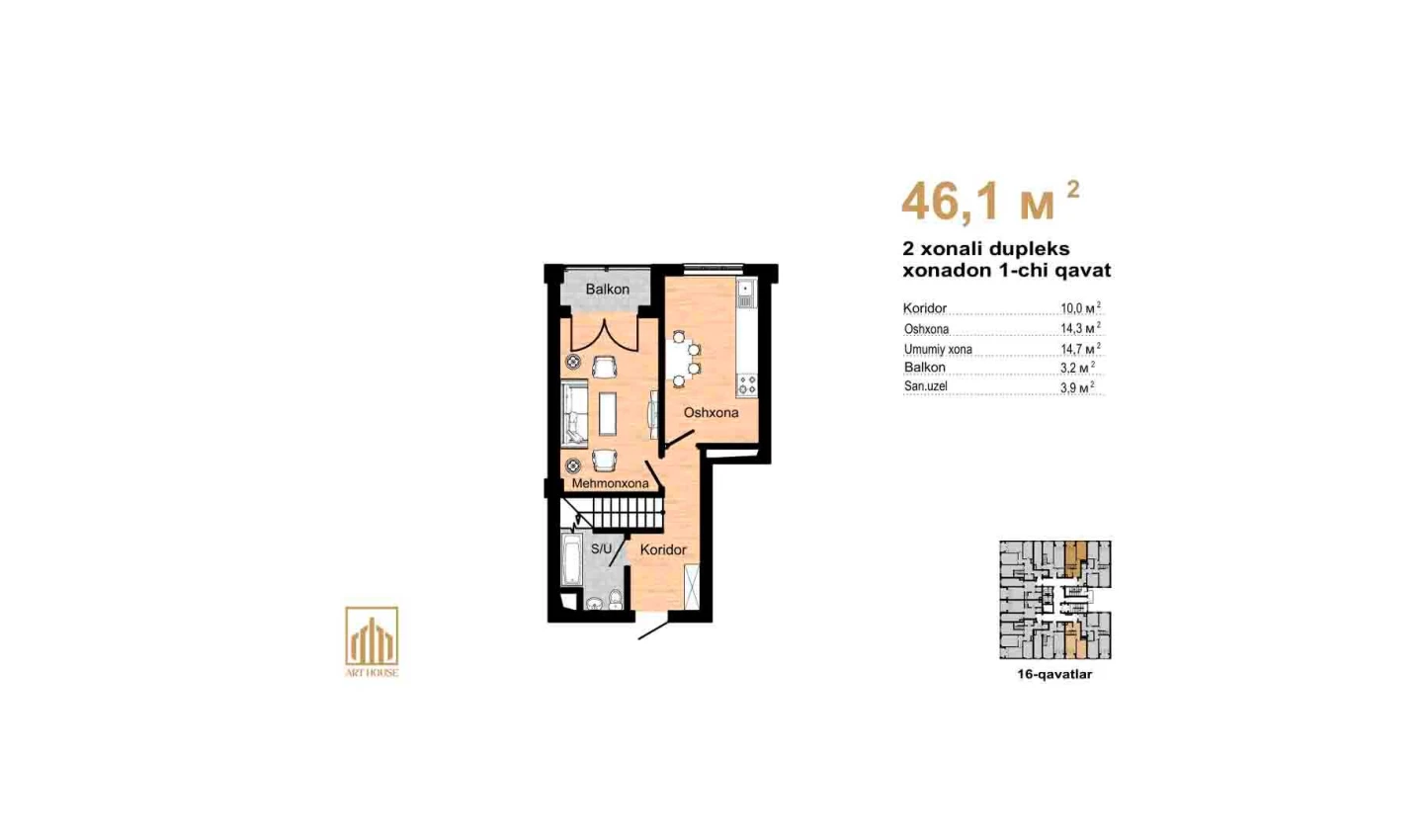 1-xonali xonadon 46.1 m²  16/16 qavat