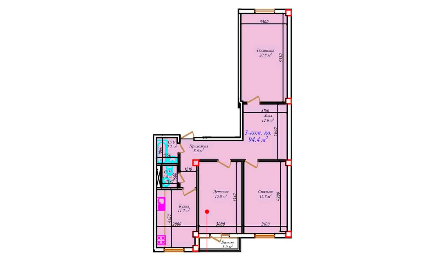 3-xonali xonadon 81.3 m²  4/4 qavat