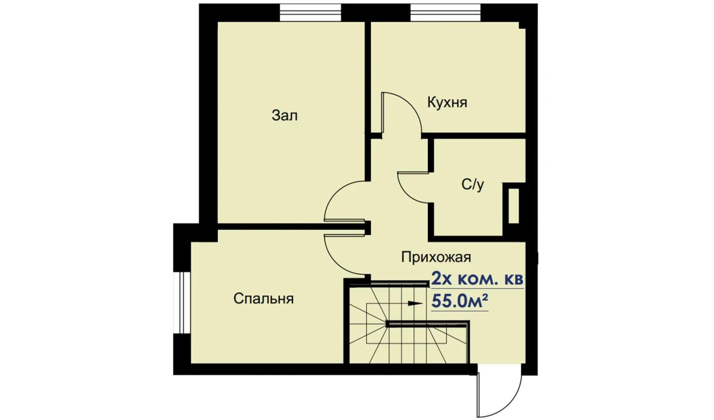 2-комнатная квартира 55 м²  1/1 этаж