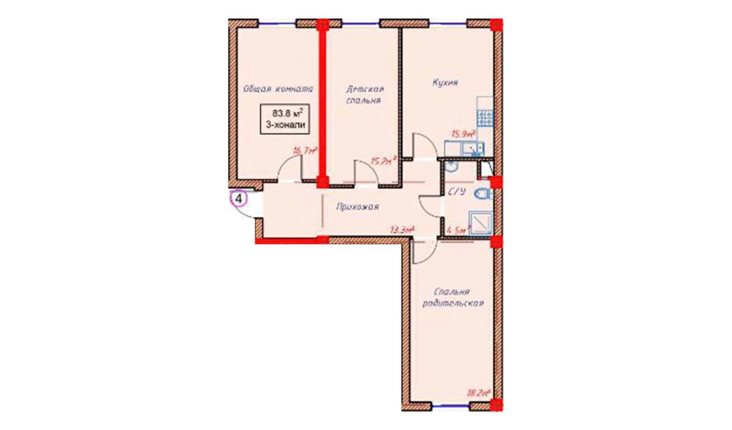 3-xonali xonadon 83.8 m²  1/1 qavat