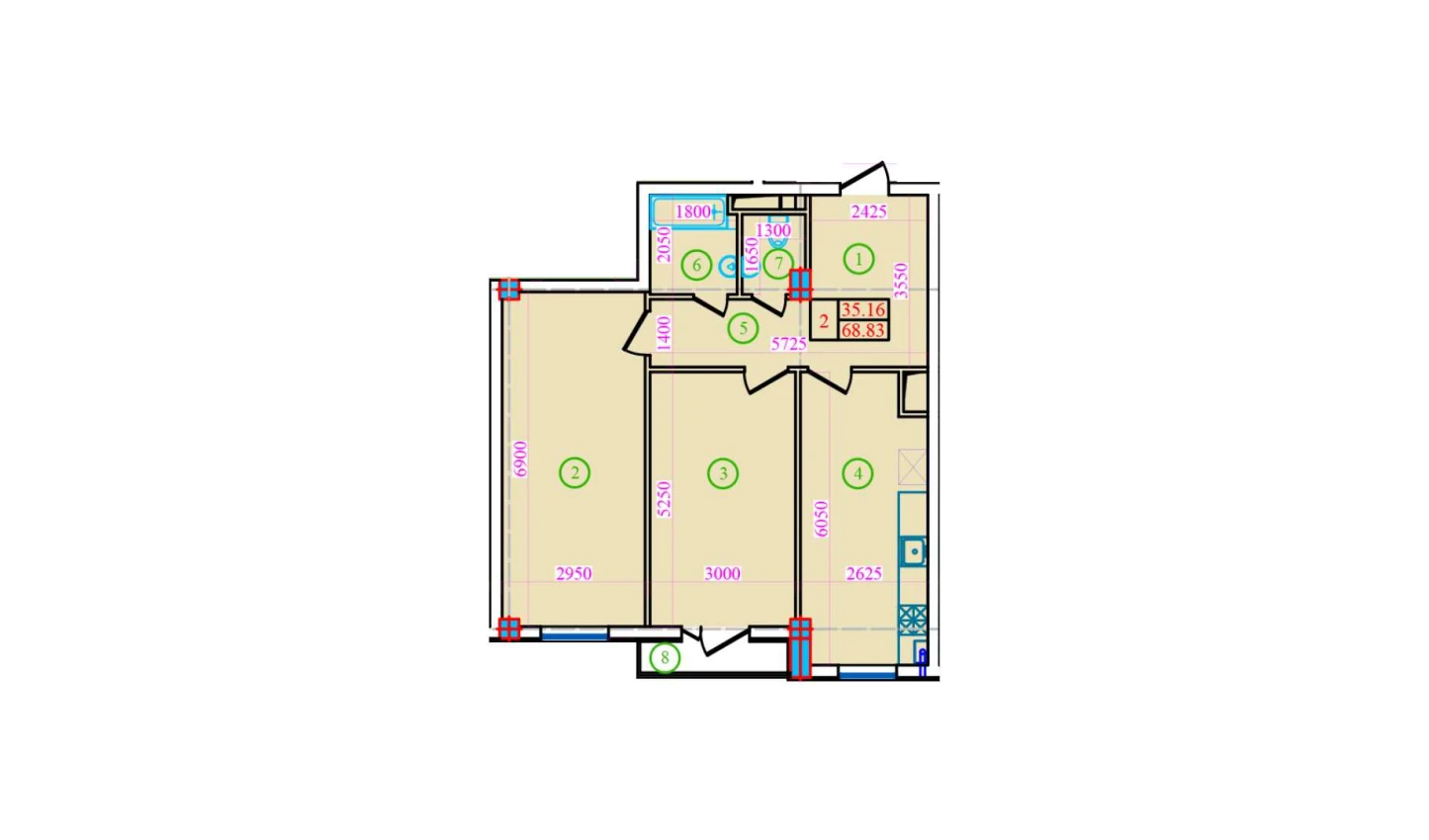 2-комнатная квартира 68.83 м²  9/9 этаж