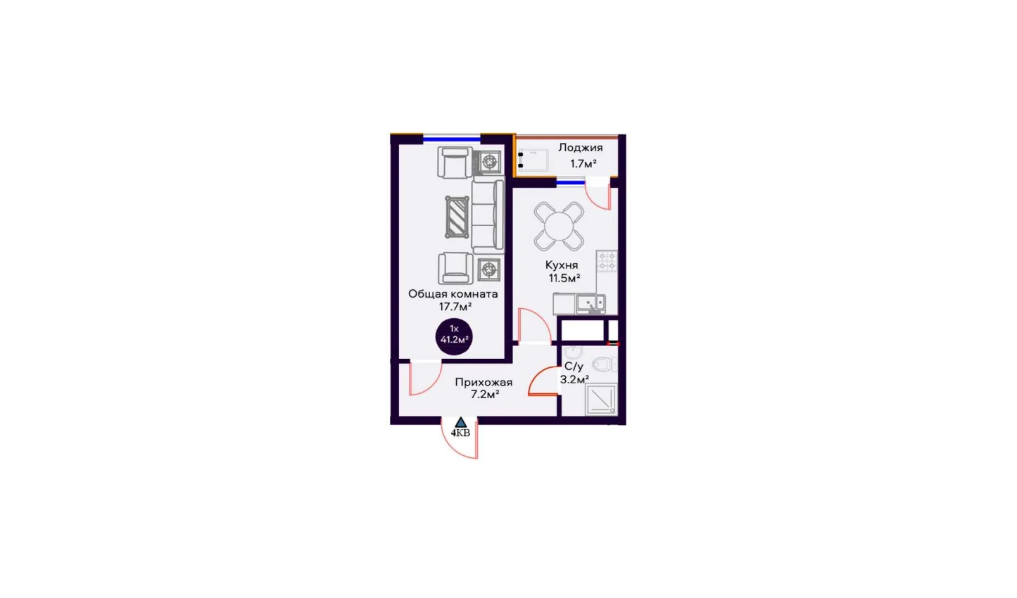 1-комнатная квартира 41.2 м²  8/8 этаж