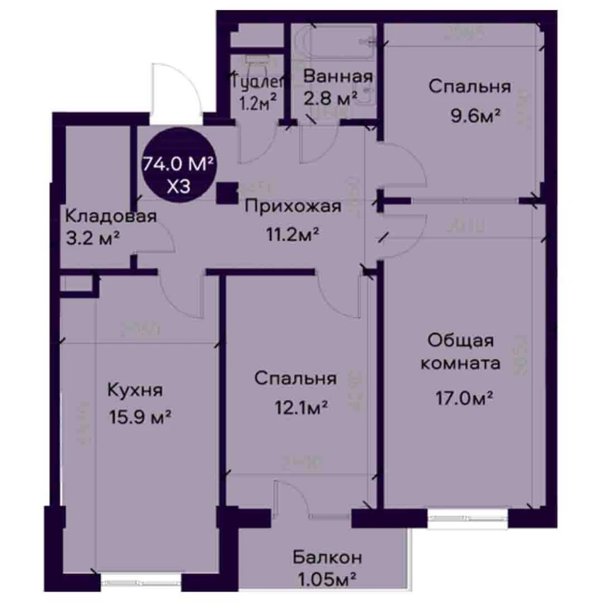 3-комн. квартира 74 м²  2/7 этаж | Жилой комплекс YAQINLAR