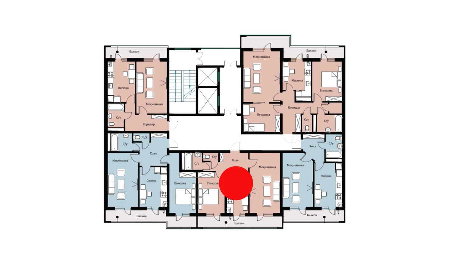 2-xonali xonadon 50.58 m²  9/16 qavat | SOKIN DIYOR Turar-joy majmuasi