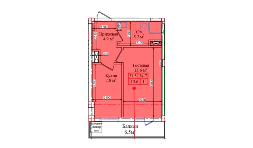 1-комнатная квартира 34.7 м²  3/3 этаж