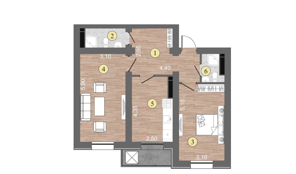 2-xonali xonadon 63 m²  9/9 qavat