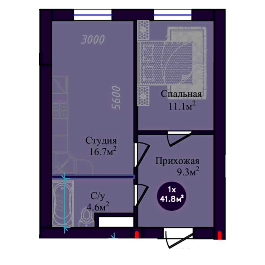 1-xonali xonadon 41.8 m²  3/3 qavat