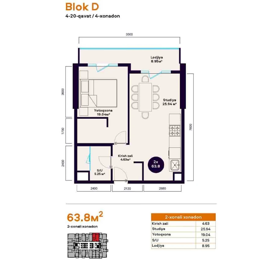 2-комнатная квартира 63.8 м²  11/11 этаж