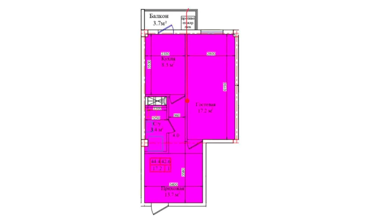 1-комнатная квартира 44.4 м²  2/2 этаж