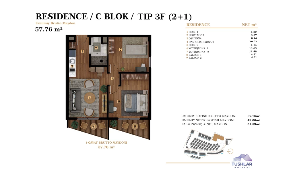 3-xonali xonadon 51.586 m²  6/6 qavat