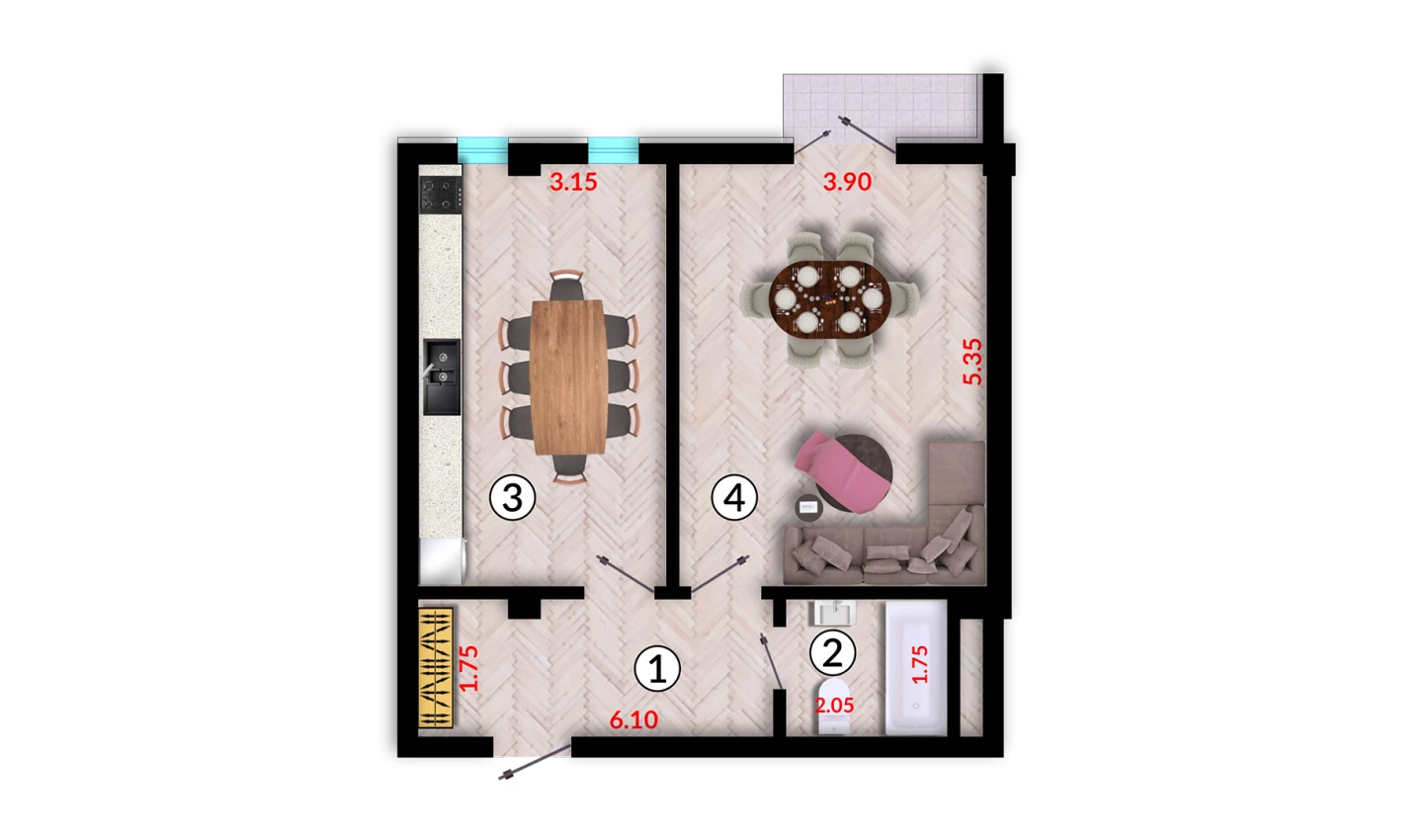 1-комнатная квартира 52.1 м²  3/3 этаж