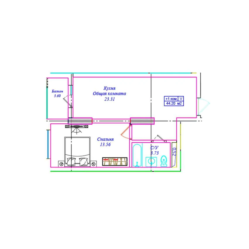 1-комнатная квартира 44.2 м²  16/16 этаж