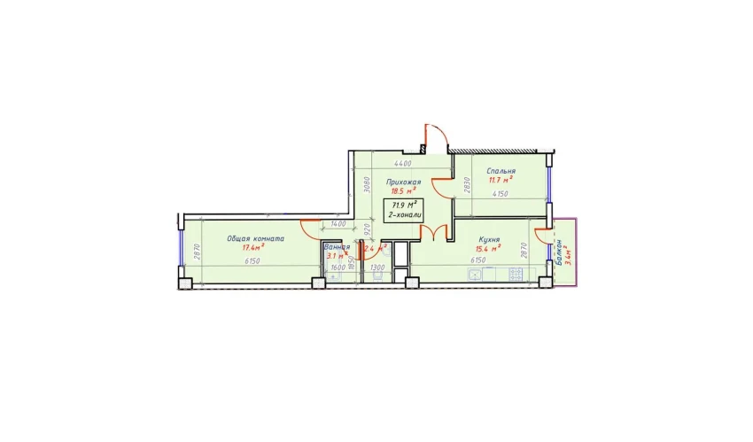 2-xonali xonadon 71.9 m²  16/16 qavat | Sam House (Qora Suv) Turar-joy majmuasi