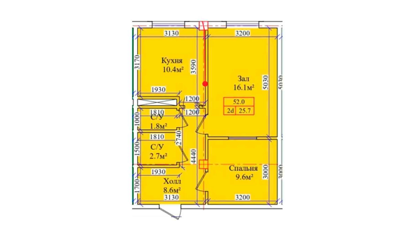 2-комнатная квартира 52 м²  1/1 этаж