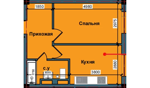 1-комнатная квартира 41.5 м²  1/1 этаж