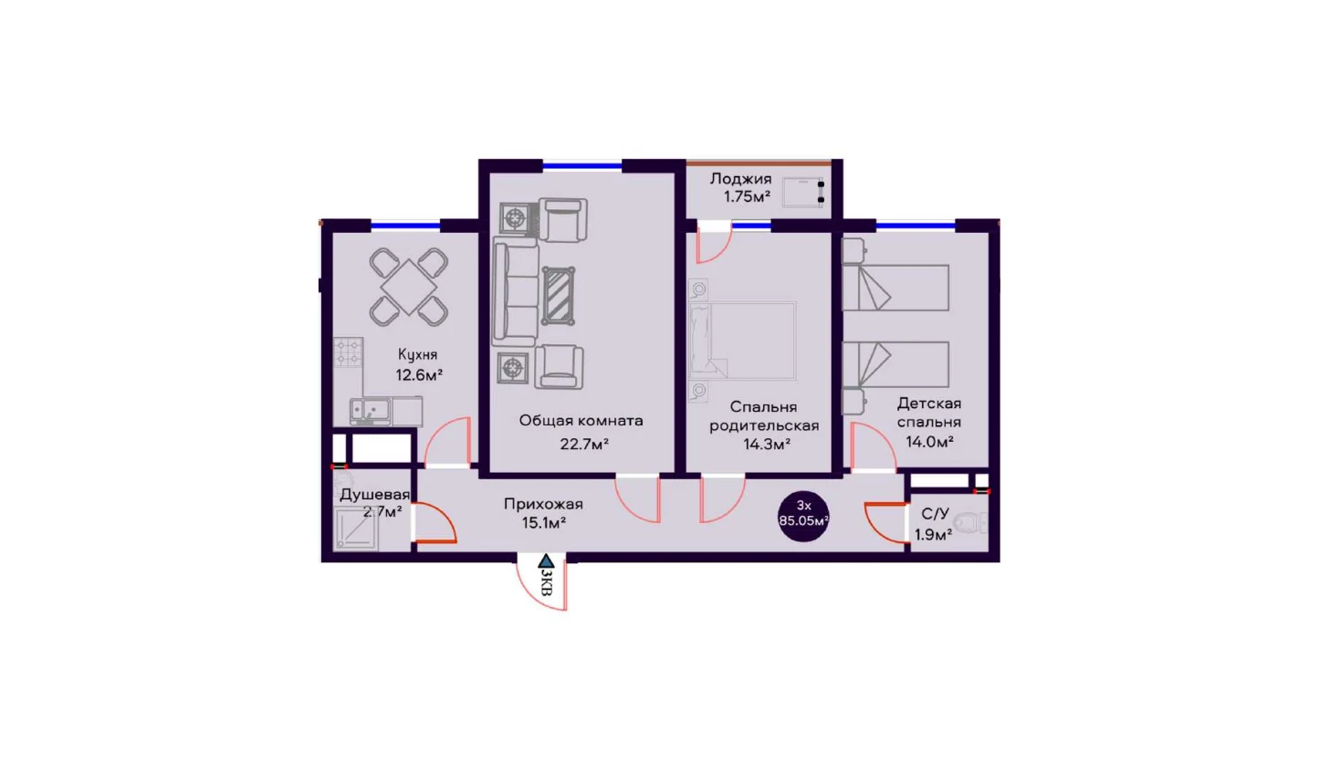 3-комнатная квартира 85.05 м²  9/9 этаж