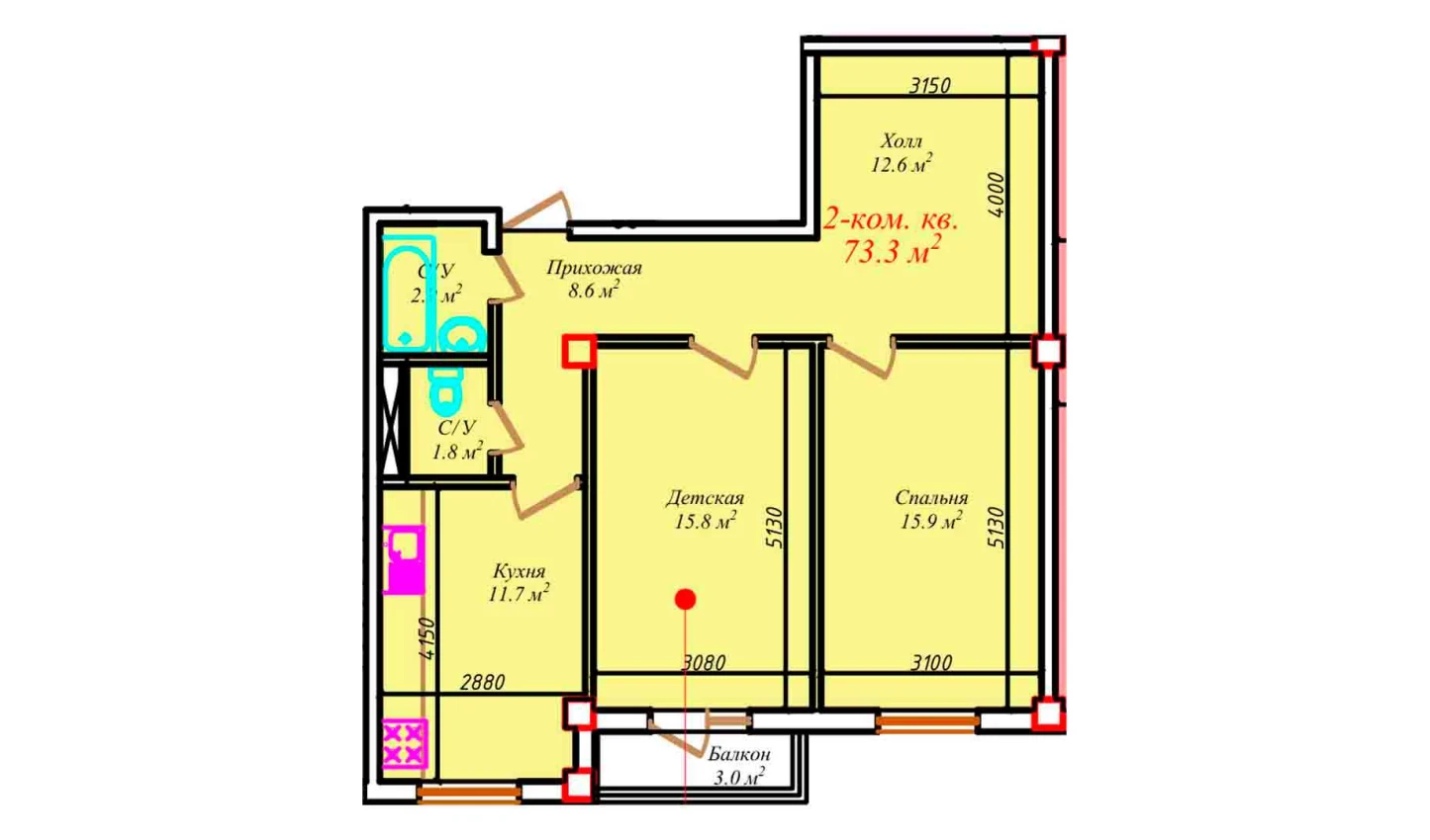 2-комнатная квартира 73.3 м²  6/6 этаж