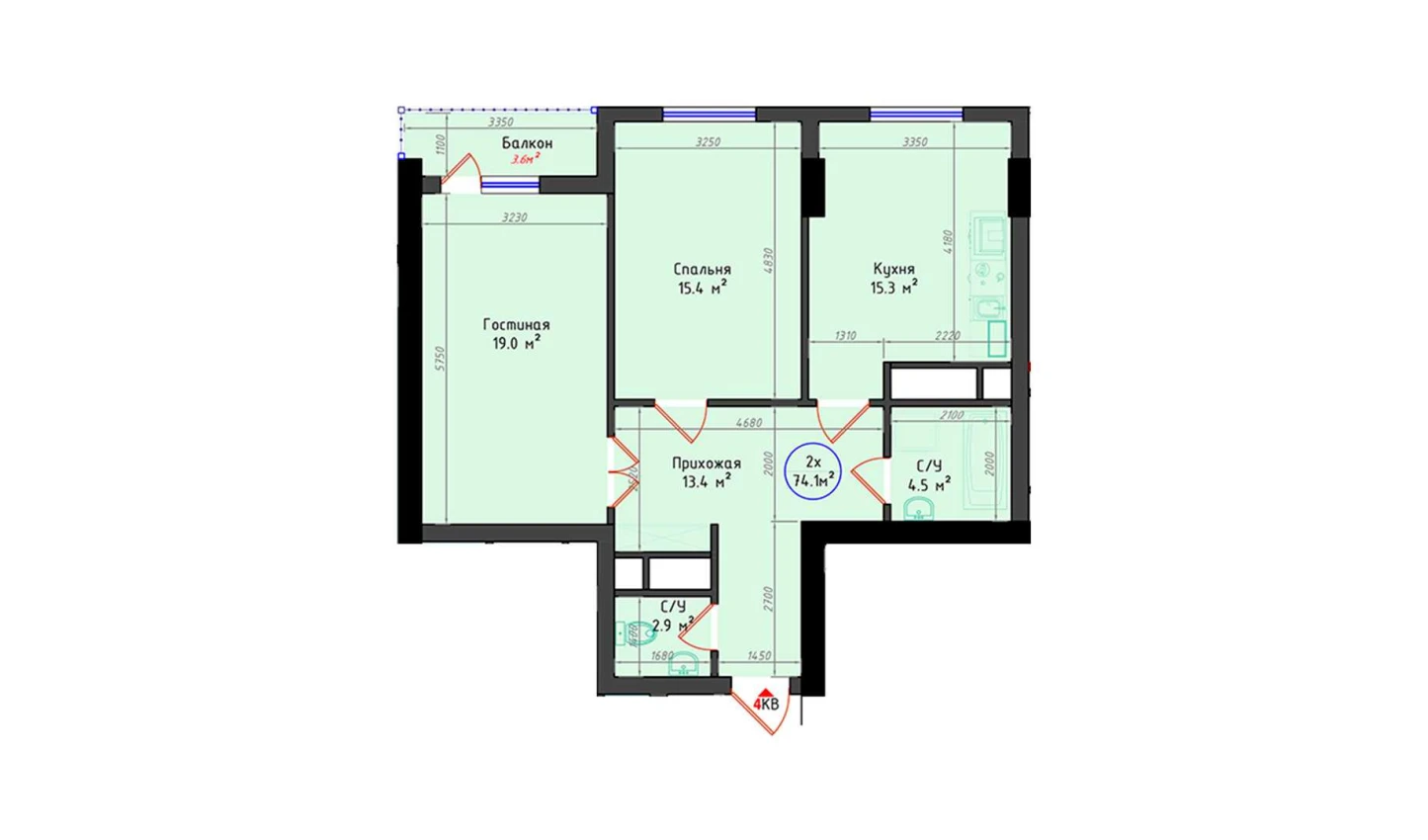 2-комнатная квартира 74.1 м²  4/4 этаж