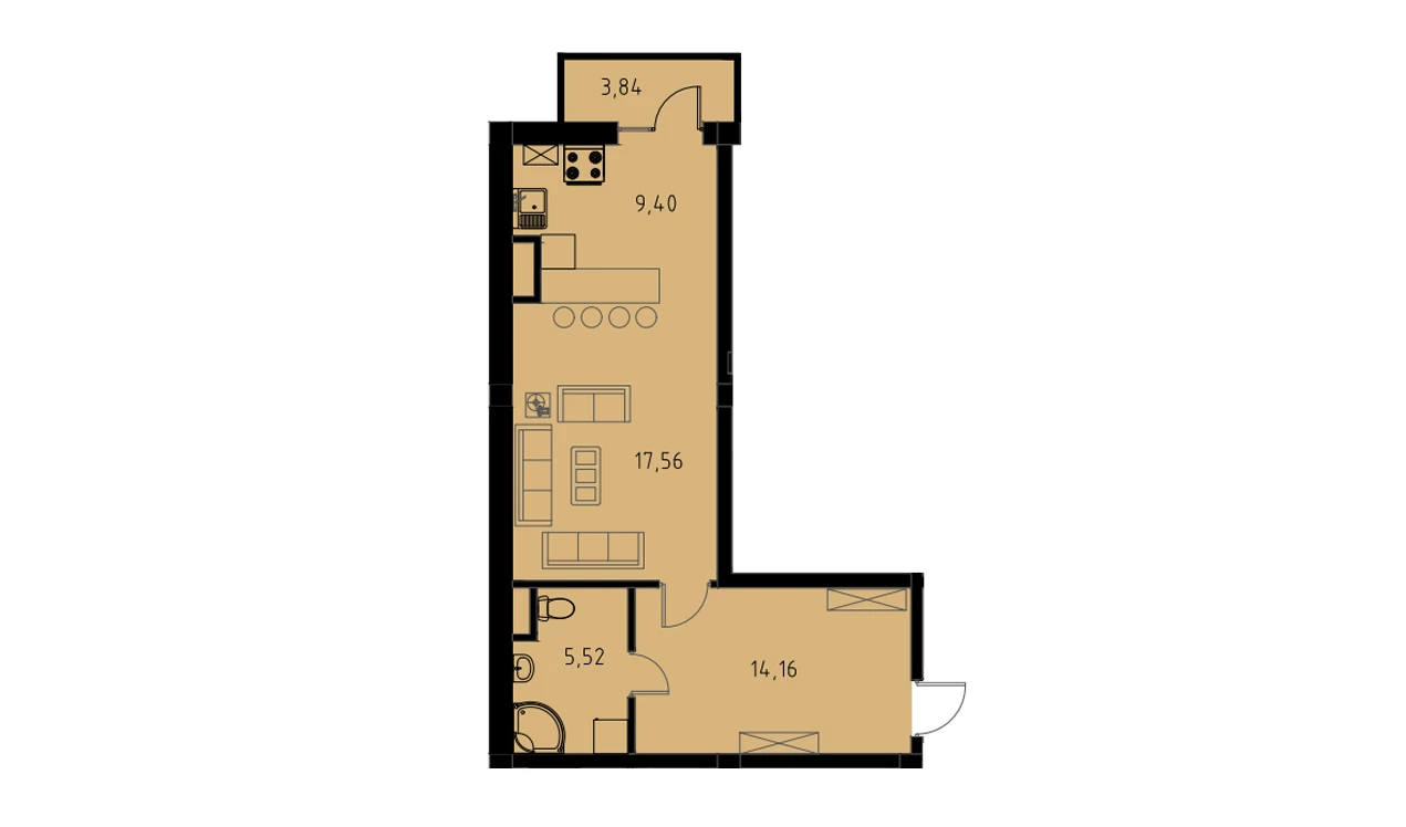 1-комнатная квартира 47.79 м²  5/5 этаж