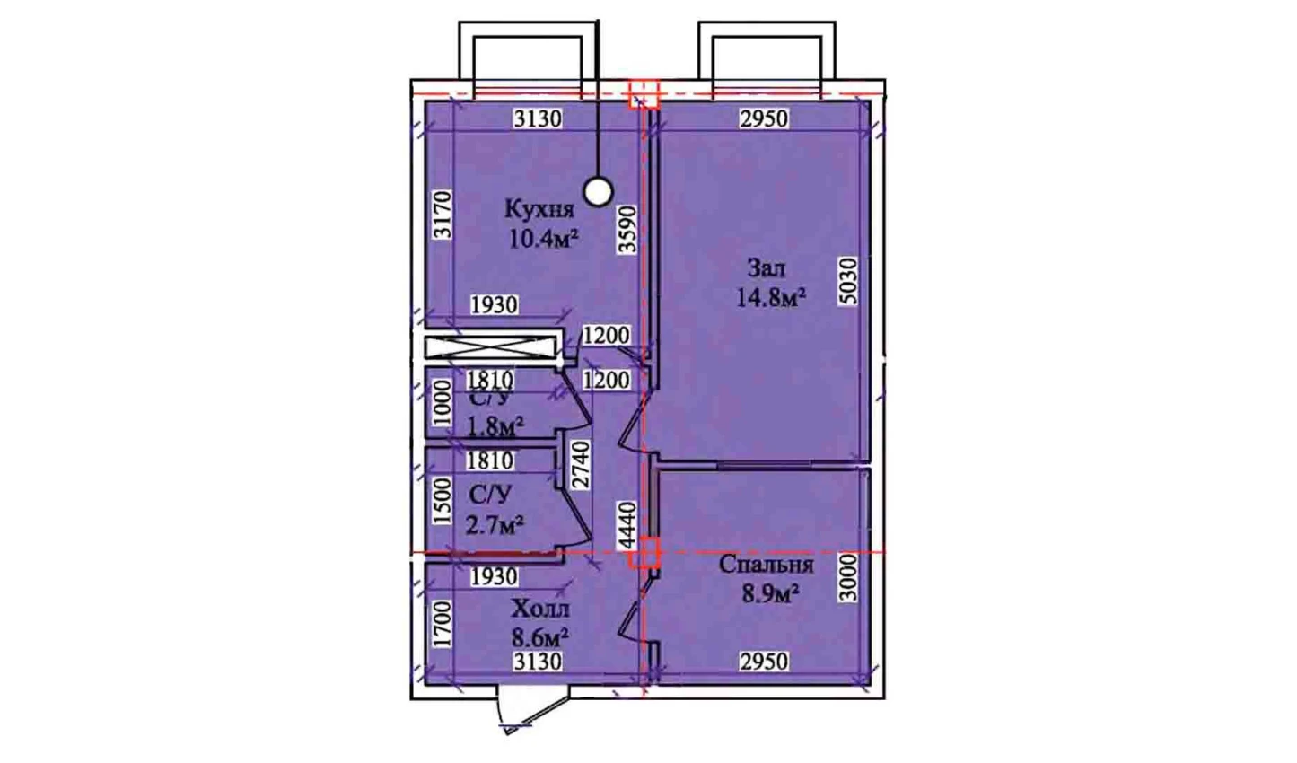 2-комнатная квартира 49.4 м²  1/1 этаж