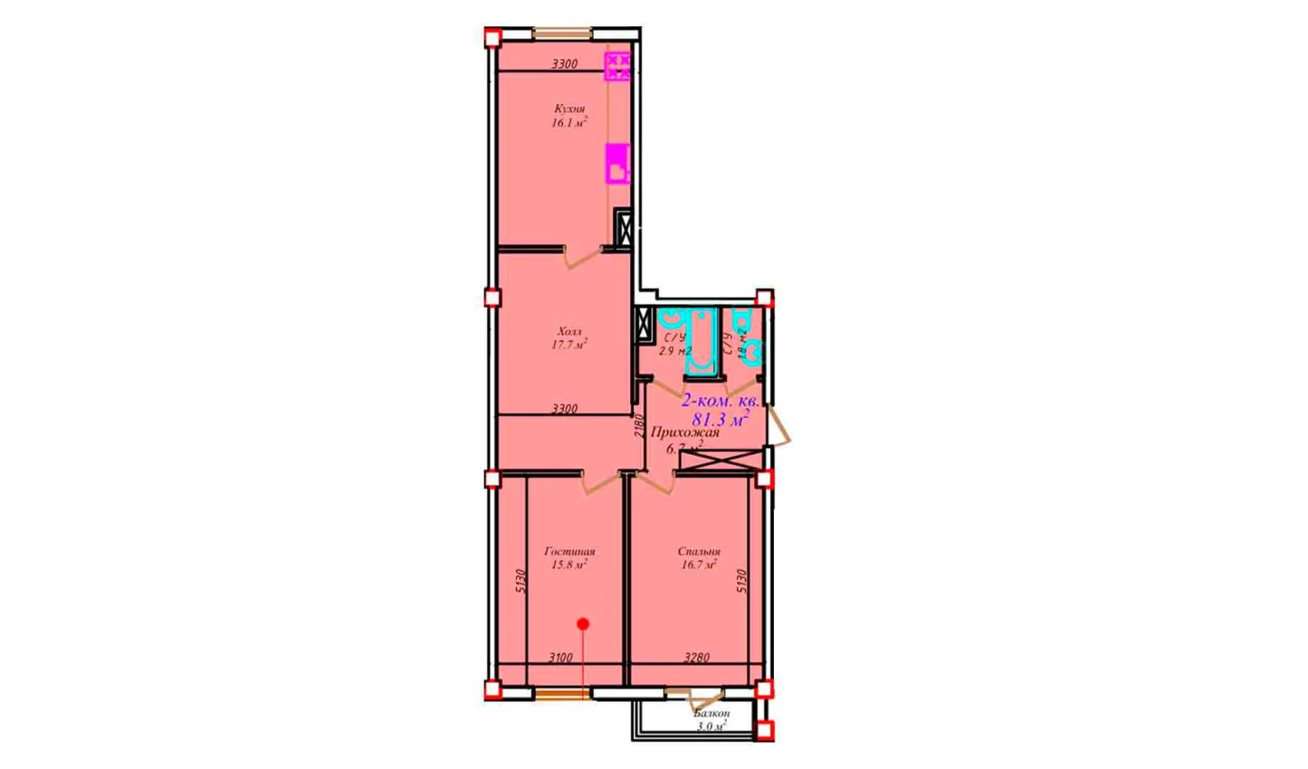 2-xonali xonadon 73.3 m²  4/4 qavat