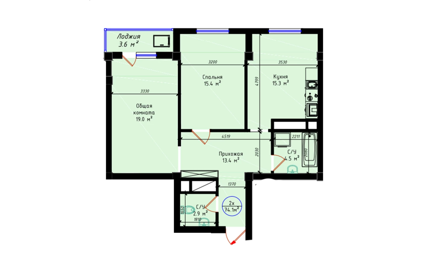 2-комнатная квартира 74.1 м²  20/20 этаж