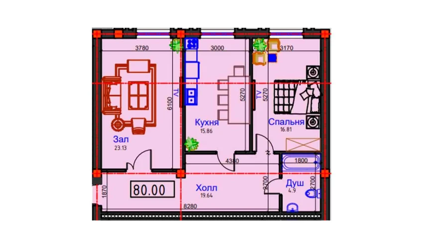 2-комнатная квартира 80 м²  1/9 этаж | Жилой комплекс BAHOR